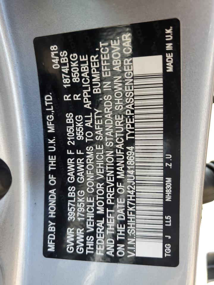 2018 Honda Civic Sport VIN: SHHFK7H42JU418694 Lot: 81012515