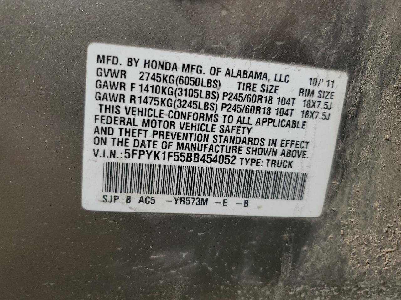 2011 Honda Ridgeline Rtl VIN: 5FPYK1F55BB454052 Lot: 81196155