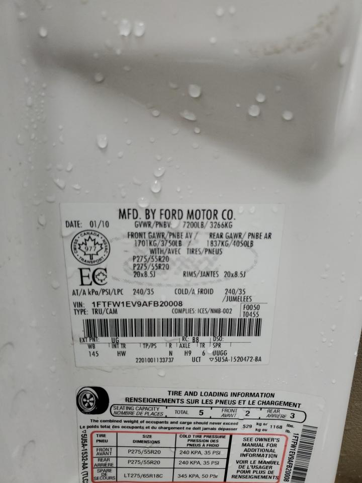 2010 Ford F150 Supercrew VIN: 1FTFW1EV9AFB20008 Lot: 80624605