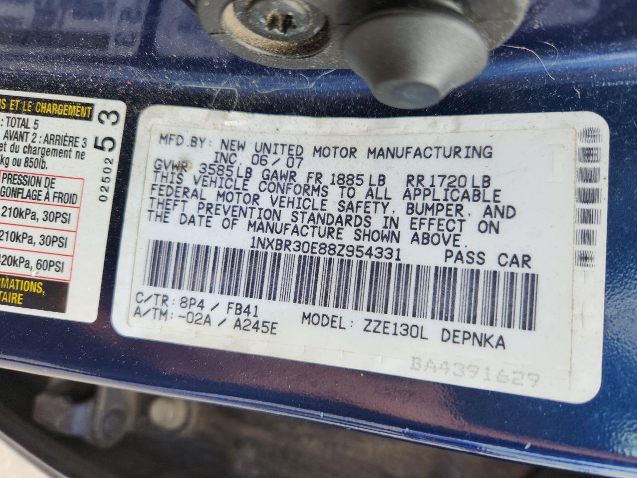 2008 Toyota Corolla Ce VIN: 1NXBR30E88Z954331 Lot: 72099125