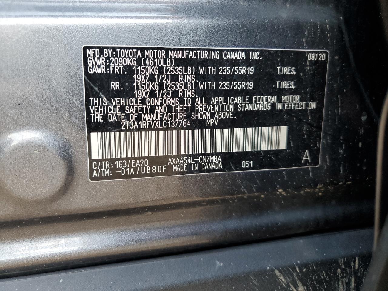 2020 Toyota Rav4 Xle Premium VIN: 2T3A1RFVXLC137764 Lot: 80127995