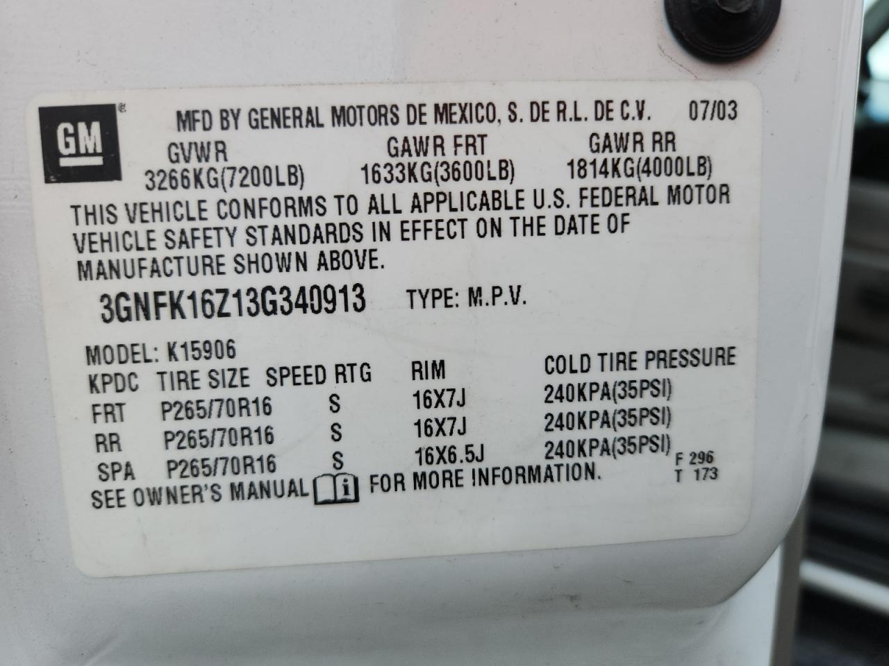 2003 Chevrolet Suburban K1500 VIN: 3GNFK16Z13G340913 Lot: 80396195