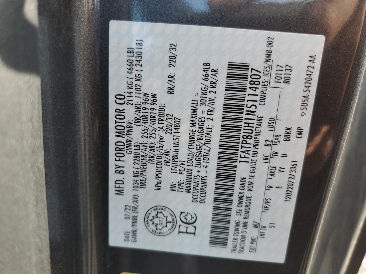 2022 Ford Mustang VIN: 1FATP8UH1N5114807 Lot: 82098975