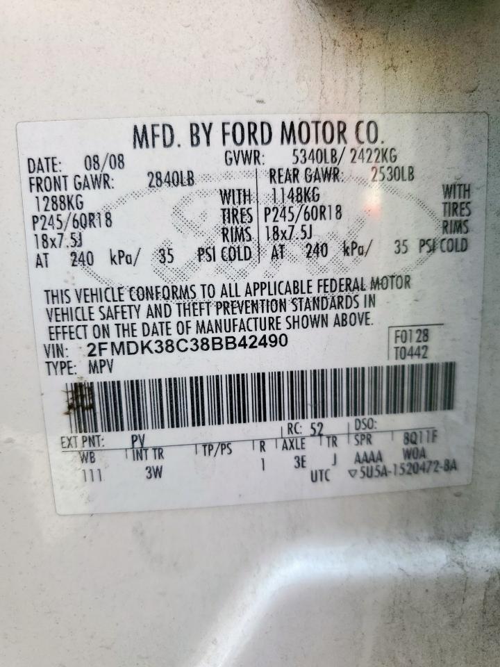 2008 Ford Edge Sel VIN: 2FMDK38C38BB42490 Lot: 80966705