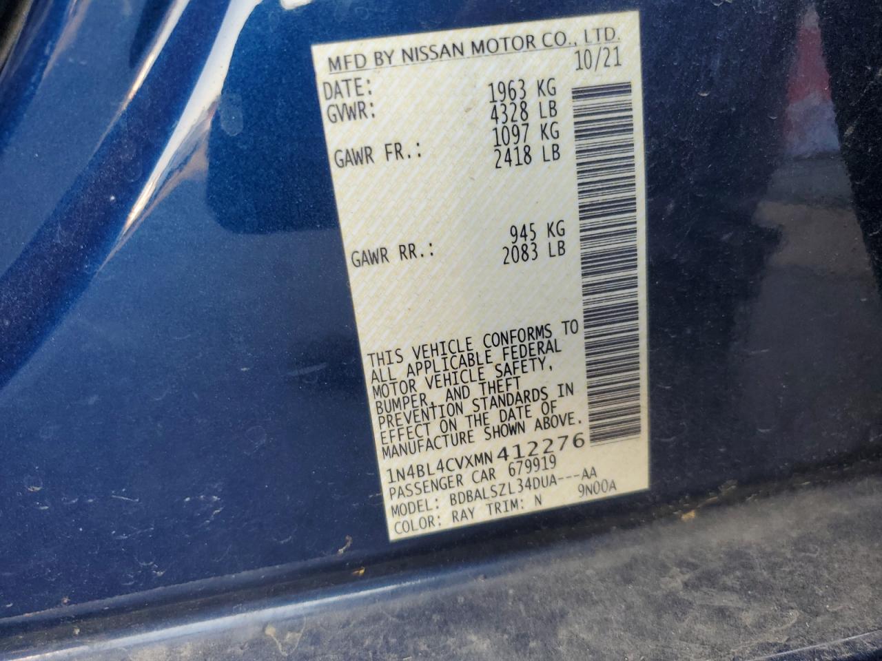 2021 Nissan Altima Sr VIN: 1N4BL4CVXMN412276 Lot: 81052355