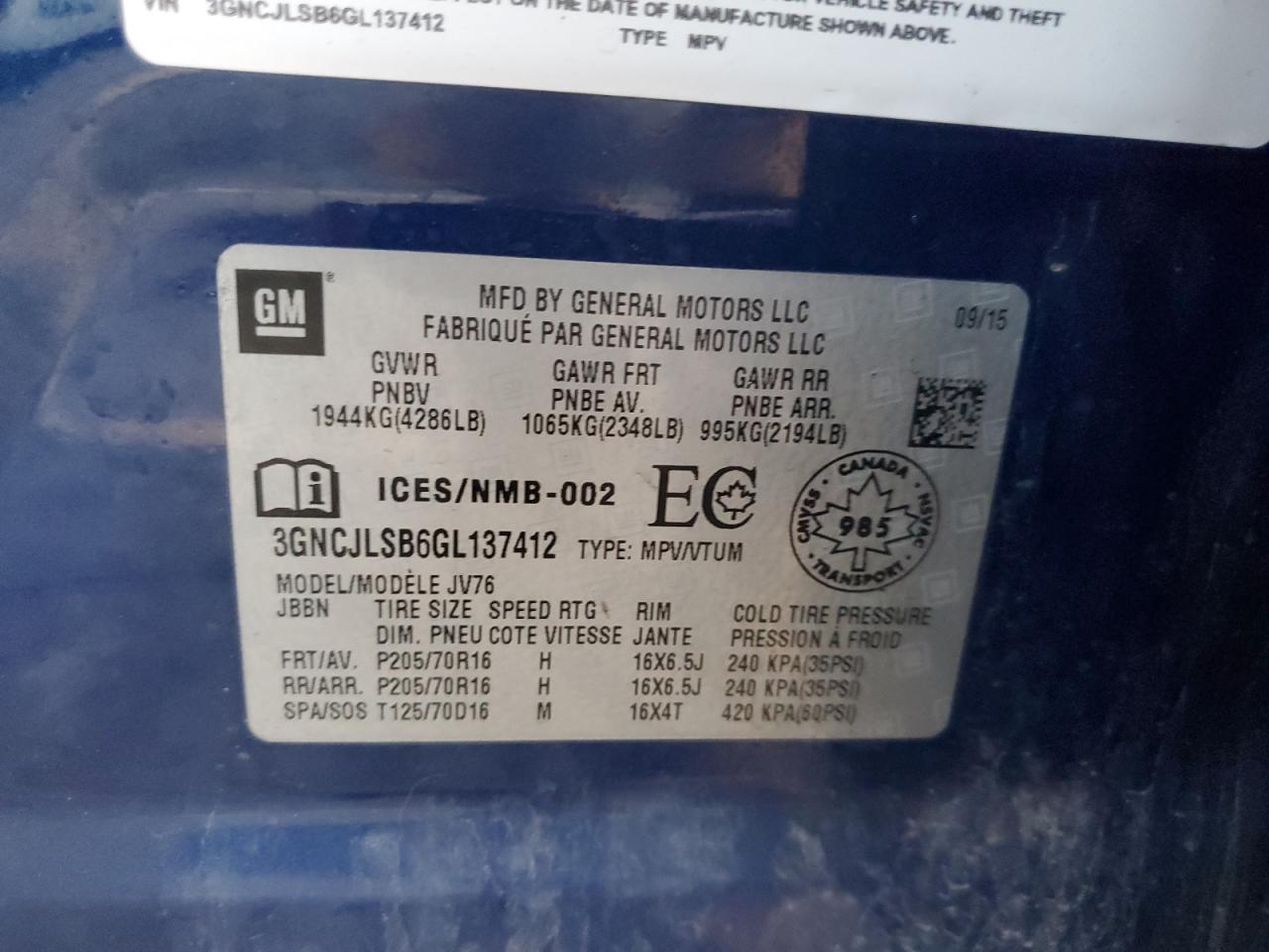 2016 Chevrolet Trax 1Lt VIN: 3GNCJLSB6GL137412 Lot: 71502735