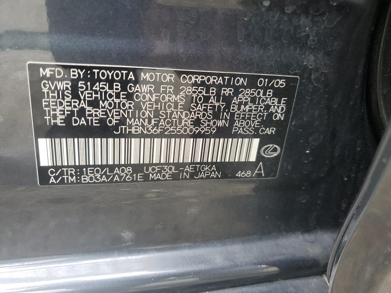 2005 Lexus Ls 430 VIN: JTHBN36F255009959 Lot: 84781635