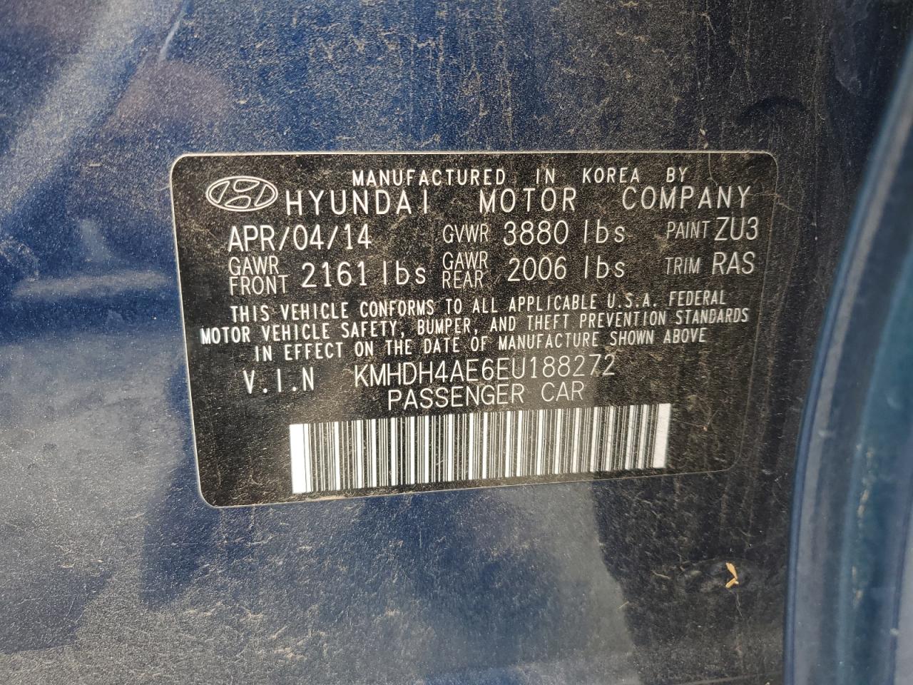 2014 Hyundai Elantra Se VIN: KMHDH4AE6EU188272 Lot: 81328915