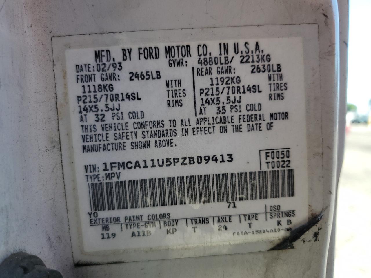 1993 Ford Aerostar VIN: 1FMCA11U5PZB09413 Lot: 80754335