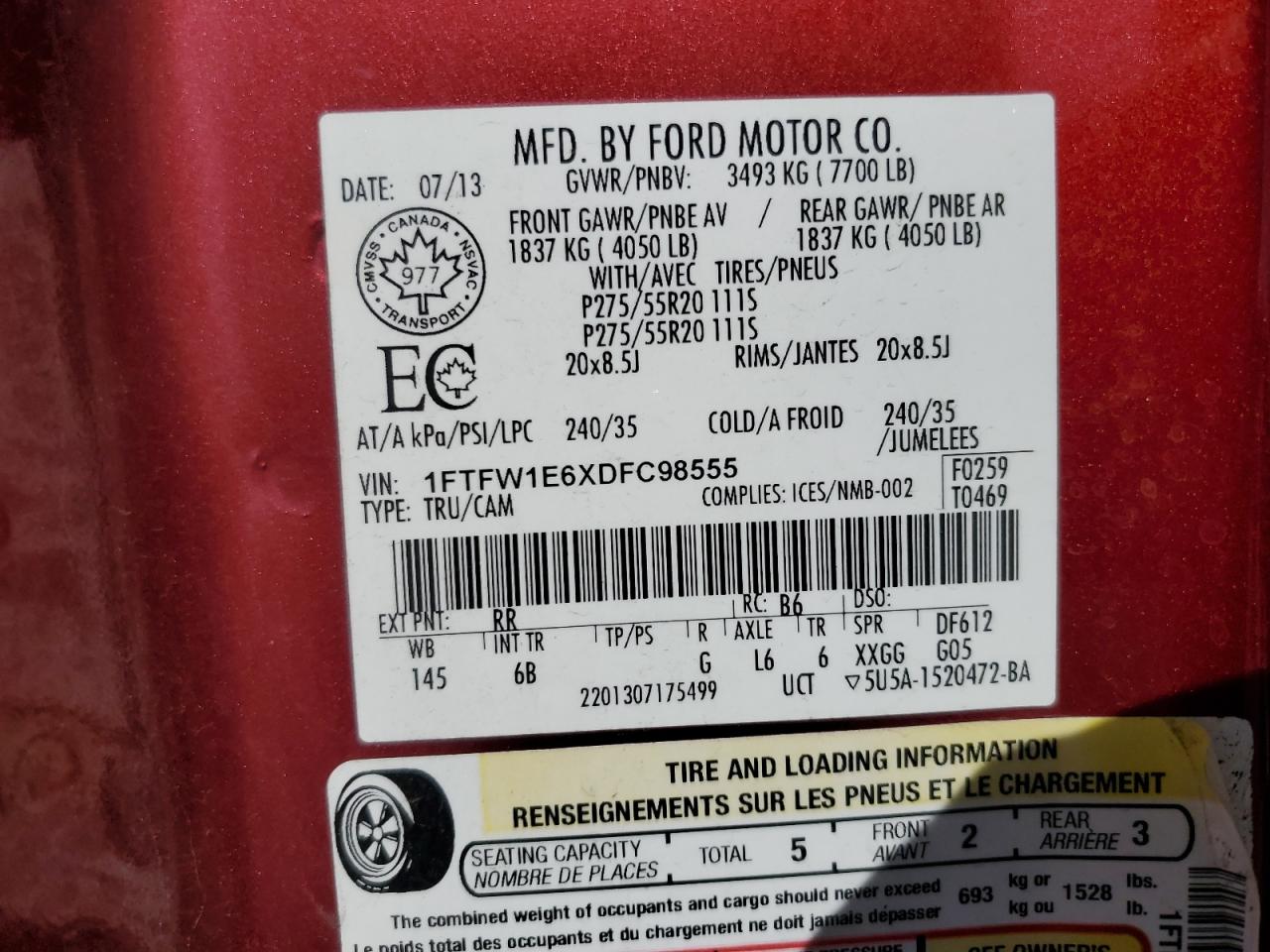 2013 Ford F150 Supercrew VIN: 1FTFW1E6XDFC98555 Lot: 81559175