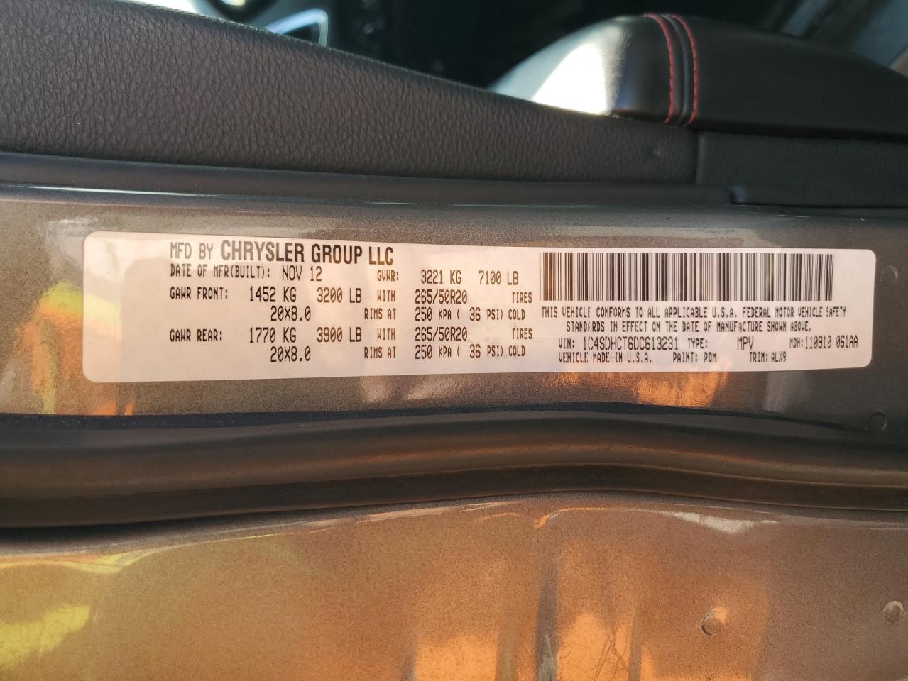 2013 Dodge Durango R/T VIN: 1C4SDHCT6DC613231 Lot: 80567135