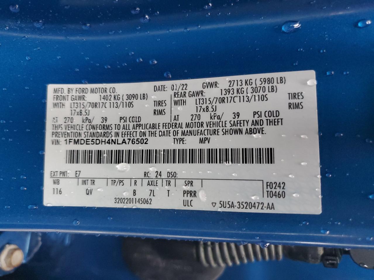 2022 Ford Bronco Base VIN: 1FMDE5DH4NLA76502 Lot: 80162935