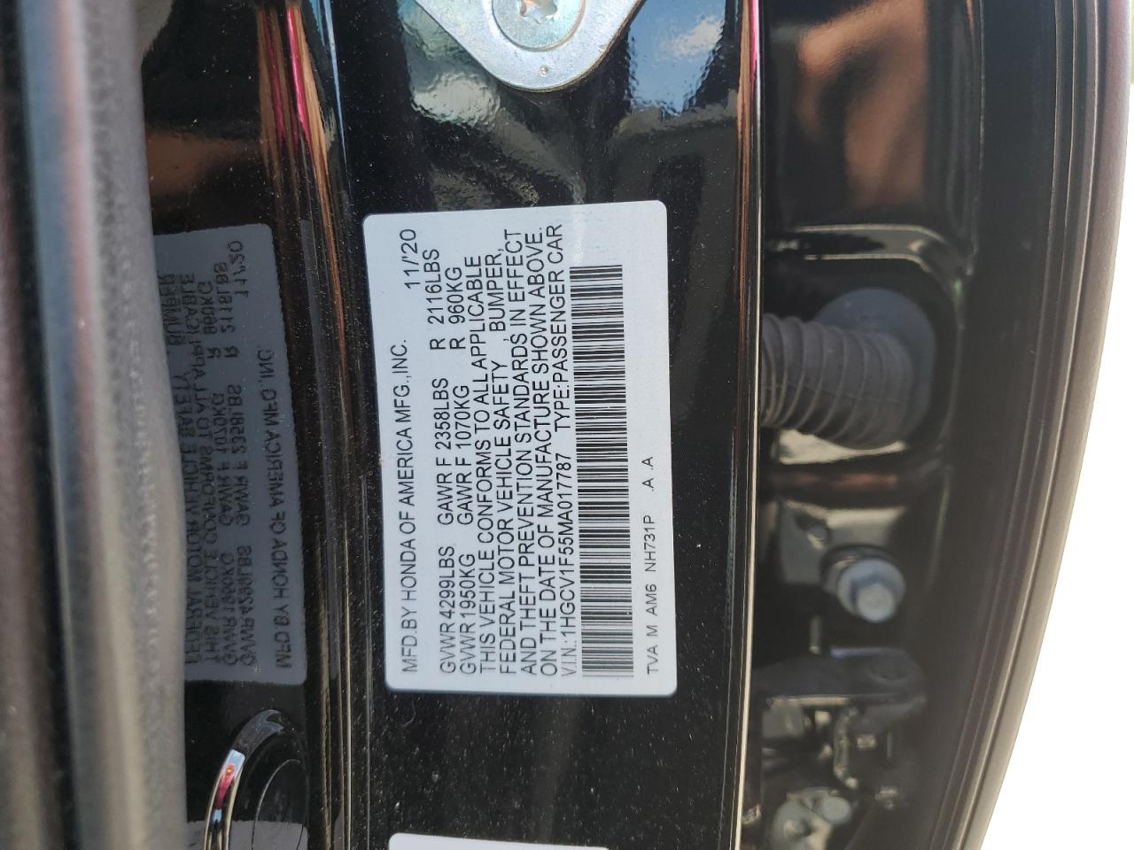 2021 Honda Accord Exl VIN: 1HGCV1F55MA017787 Lot: 80145055