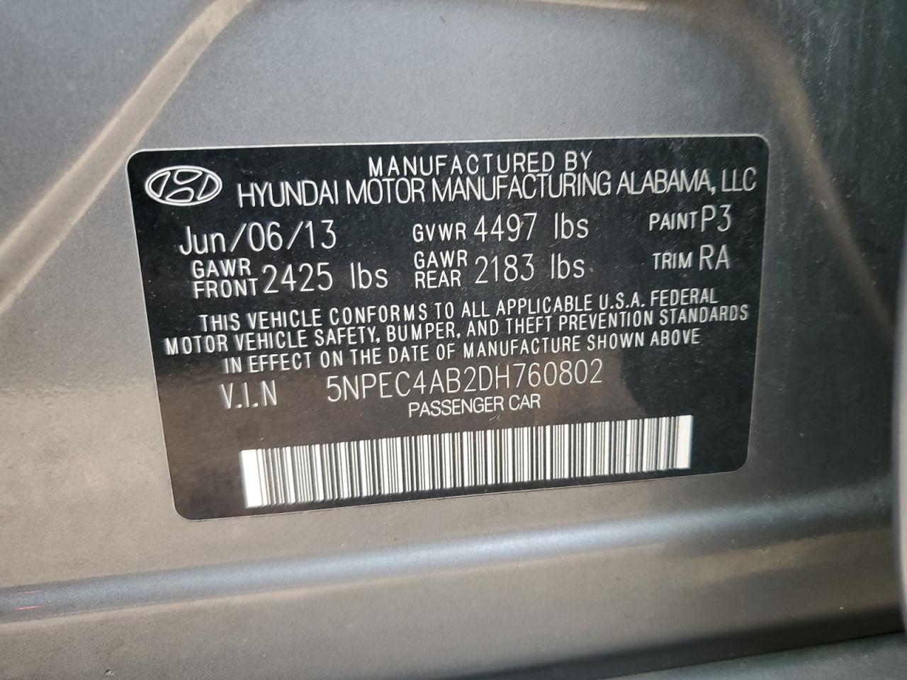 2013 Hyundai Sonata Se VIN: 5NPEC4AB2DH760802 Lot: 81433195