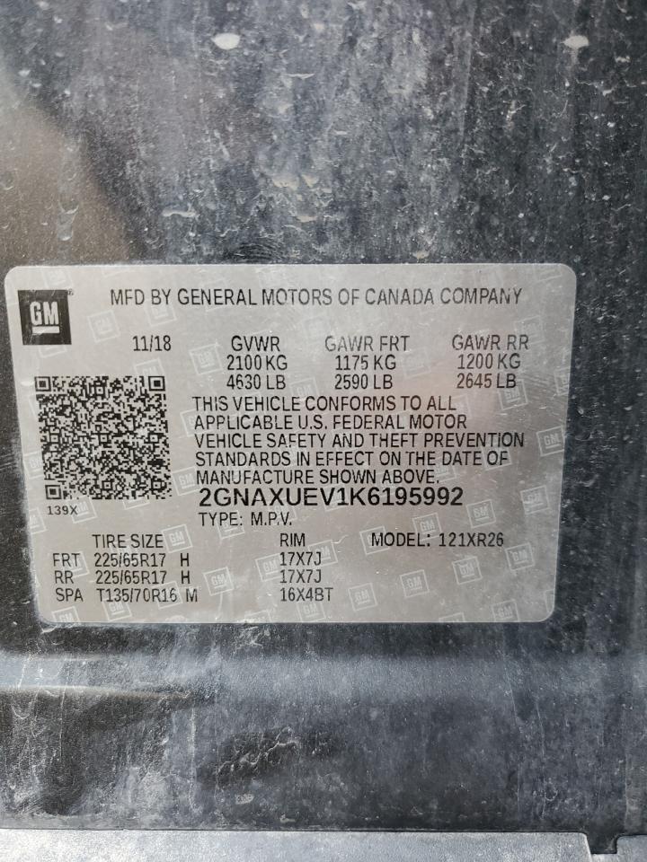 2019 Chevrolet Equinox Lt VIN: 2GNAXUEV1K6195992 Lot: 80726635