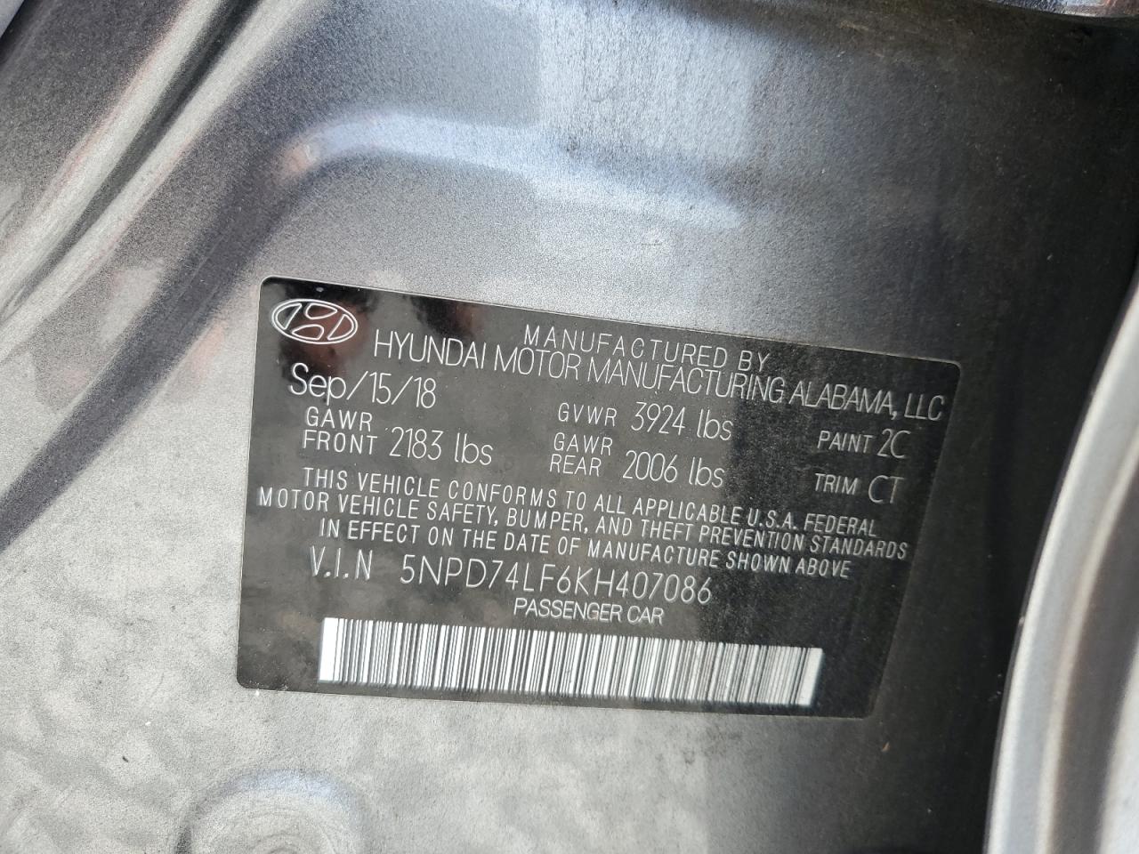 2019 Hyundai Elantra Se VIN: 5NPD74LF6KH407086 Lot: 83792375