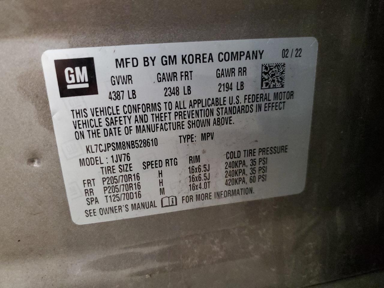 2022 Chevrolet Trax 1Lt VIN: KL7CJPSM8NB528610 Lot: 81335315