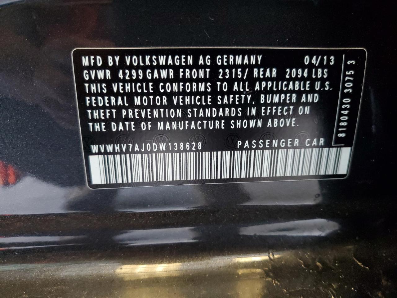 2013 Volkswagen Gti VIN: WVWHV7AJ0DW138628 Lot: 84453215