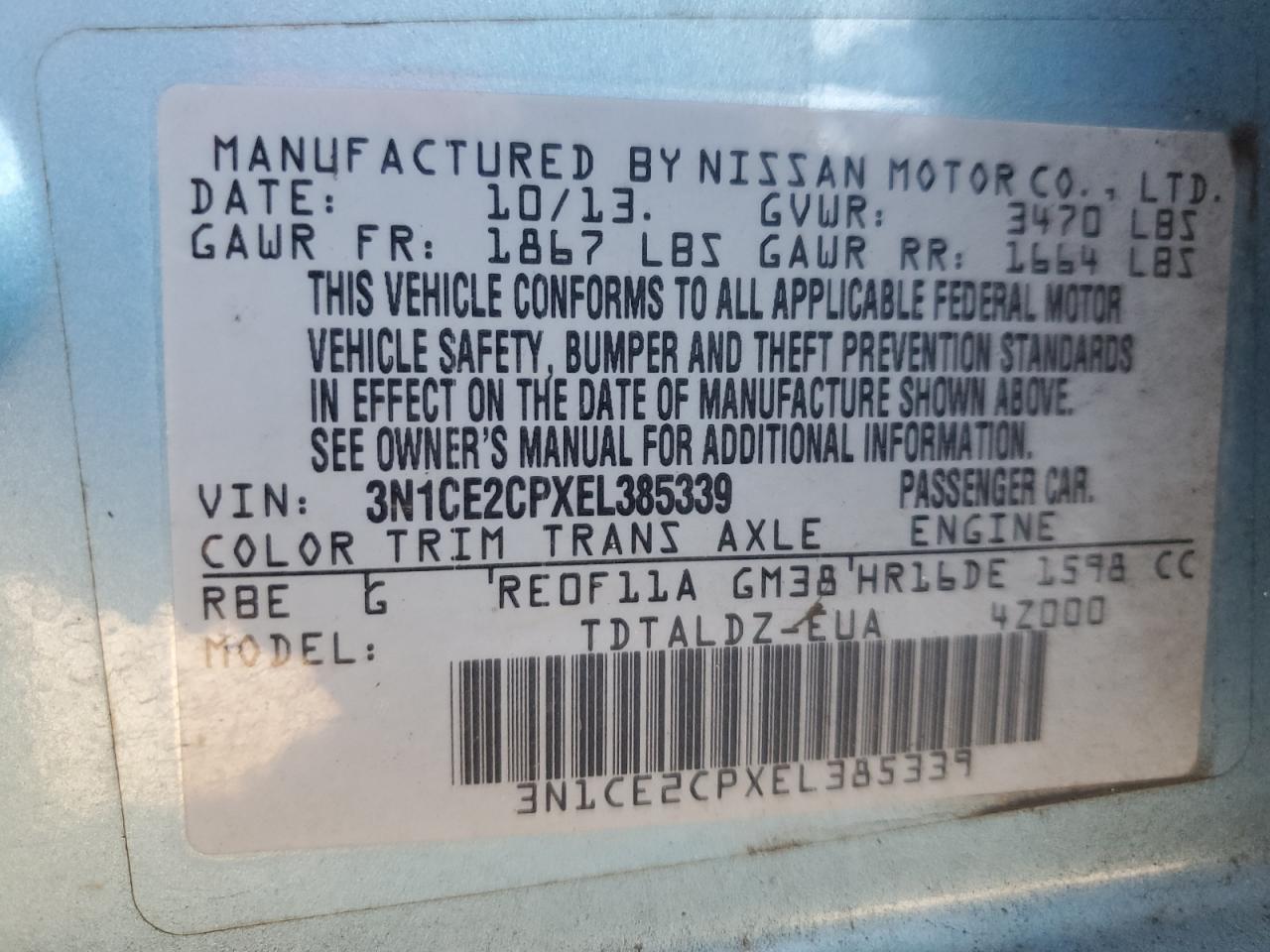 2014 Nissan Versa Note S VIN: 3N1CE2CPXEL385339 Lot: 83849845