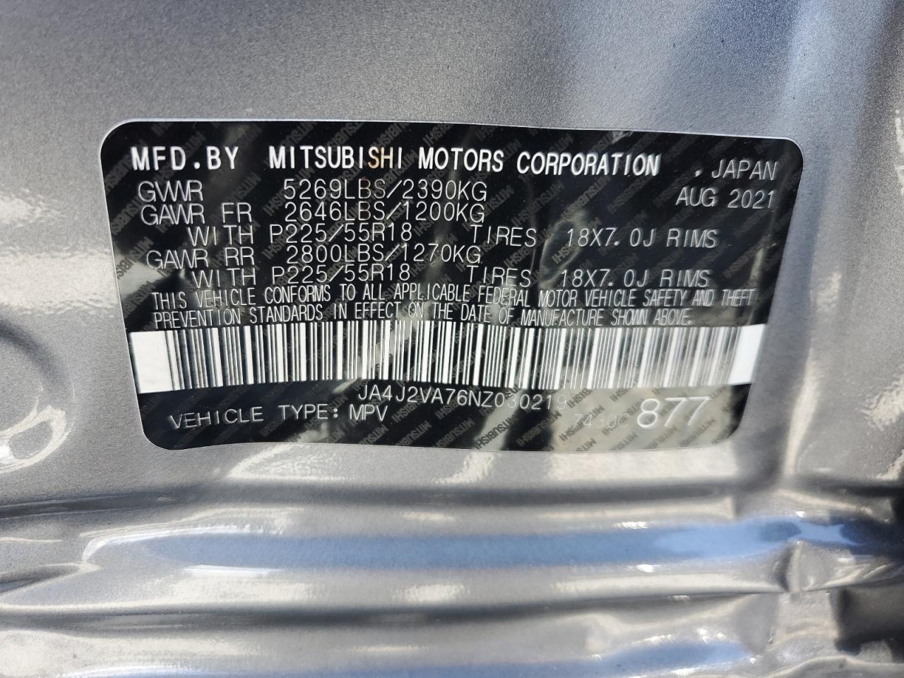 2022 Mitsubishi Outlander Sel VIN: JA4J2VA76NZ030219 Lot: 80404375