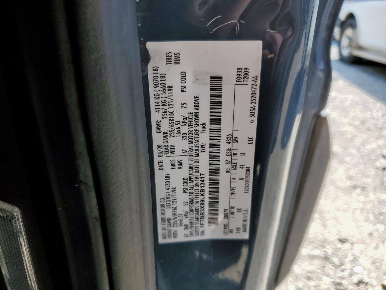 2020 Ford Transit T-250 VIN: 1FTBR3X89LKB13417 Lot: 80248525