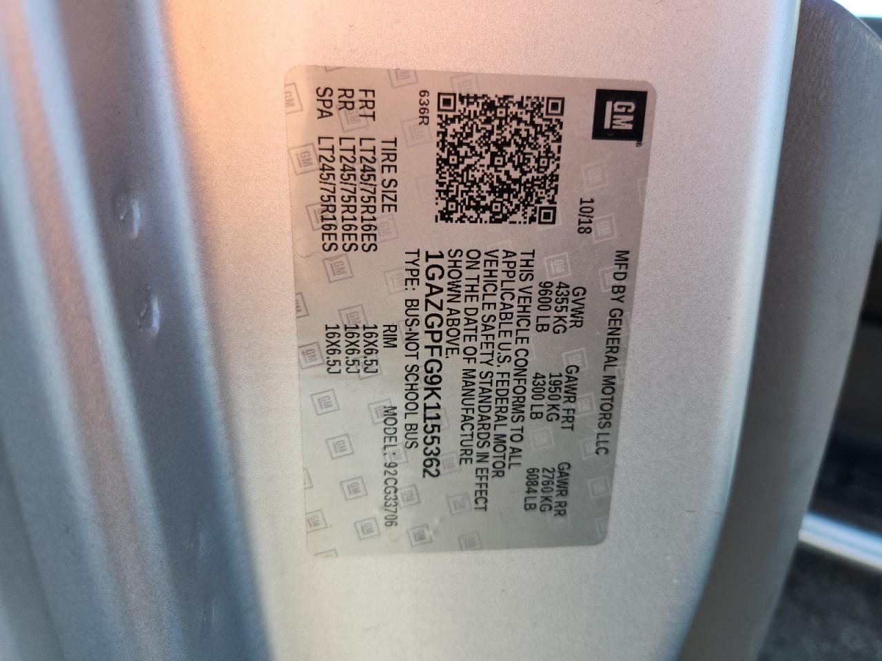 2019 Chevrolet Express G3500 Lt VIN: 1GAZGPFG9K1155362 Lot: 83942135