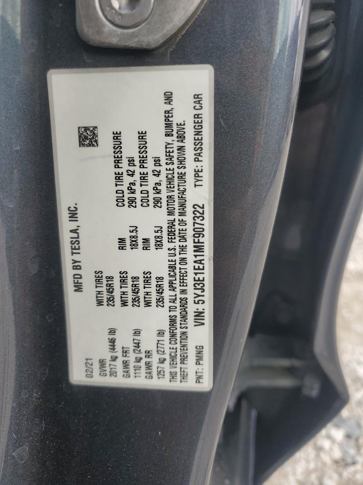 2021 Tesla Model 3 VIN: 5YJ3E1EA1MF907322 Lot: 81014515
