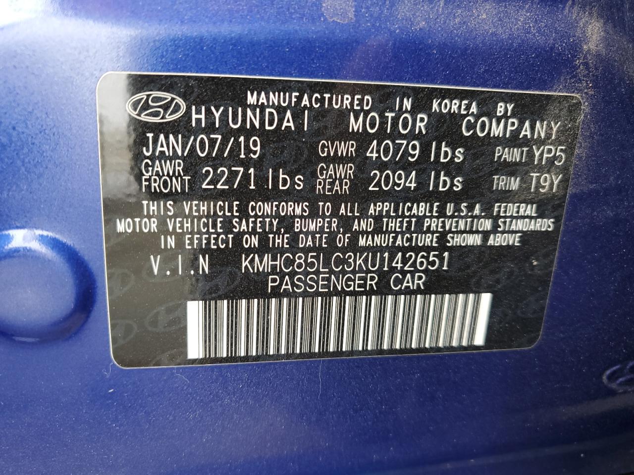 2019 Hyundai Ioniq Limited VIN: KMHC85LC3KU142651 Lot: 71488795