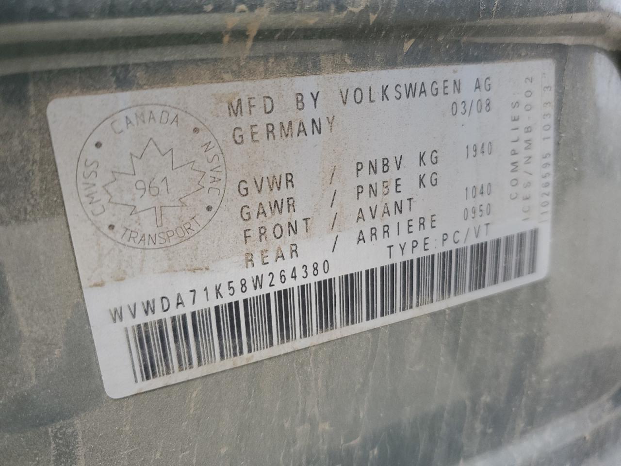 2008 Volkswagen Rabbit VIN: WVWDA71K58W264380 Lot: 80608555