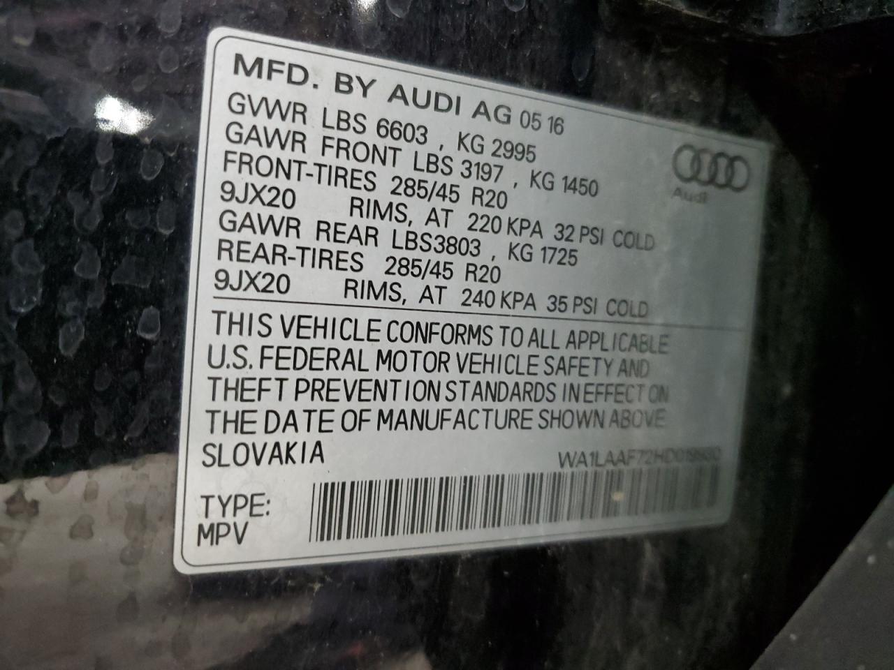 2017 Audi Q7 Premium Plus VIN: WA1LAAF72HD019930 Lot: 81719655