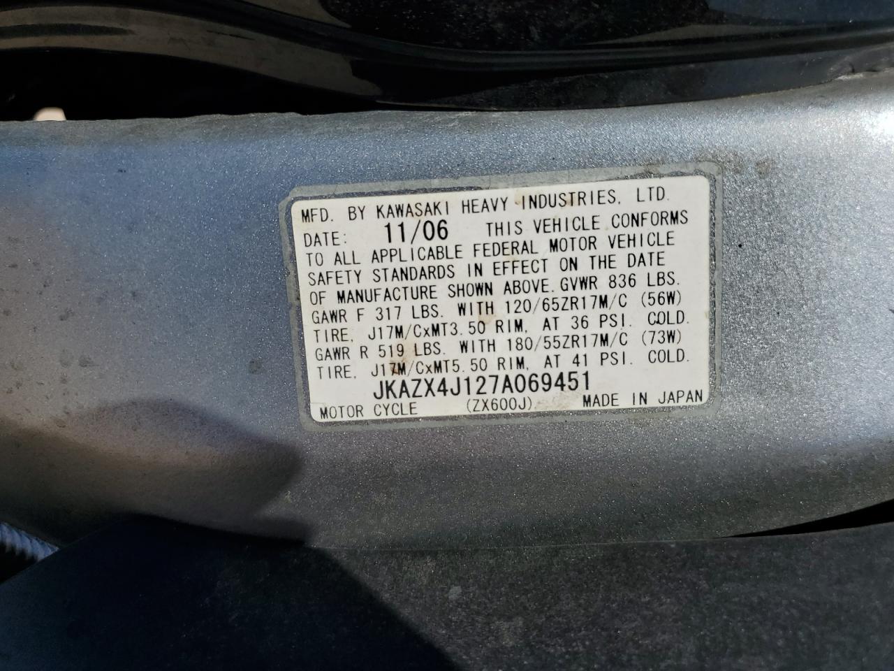 2007 Kawasaki Zx600 J1 VIN: JKAZX4J127A069451 Lot: 80274035