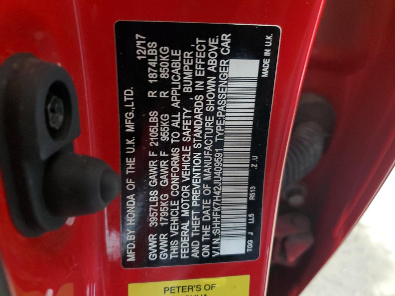 2018 Honda Civic Sport VIN: SHHFK7H42JU409591 Lot: 80572655