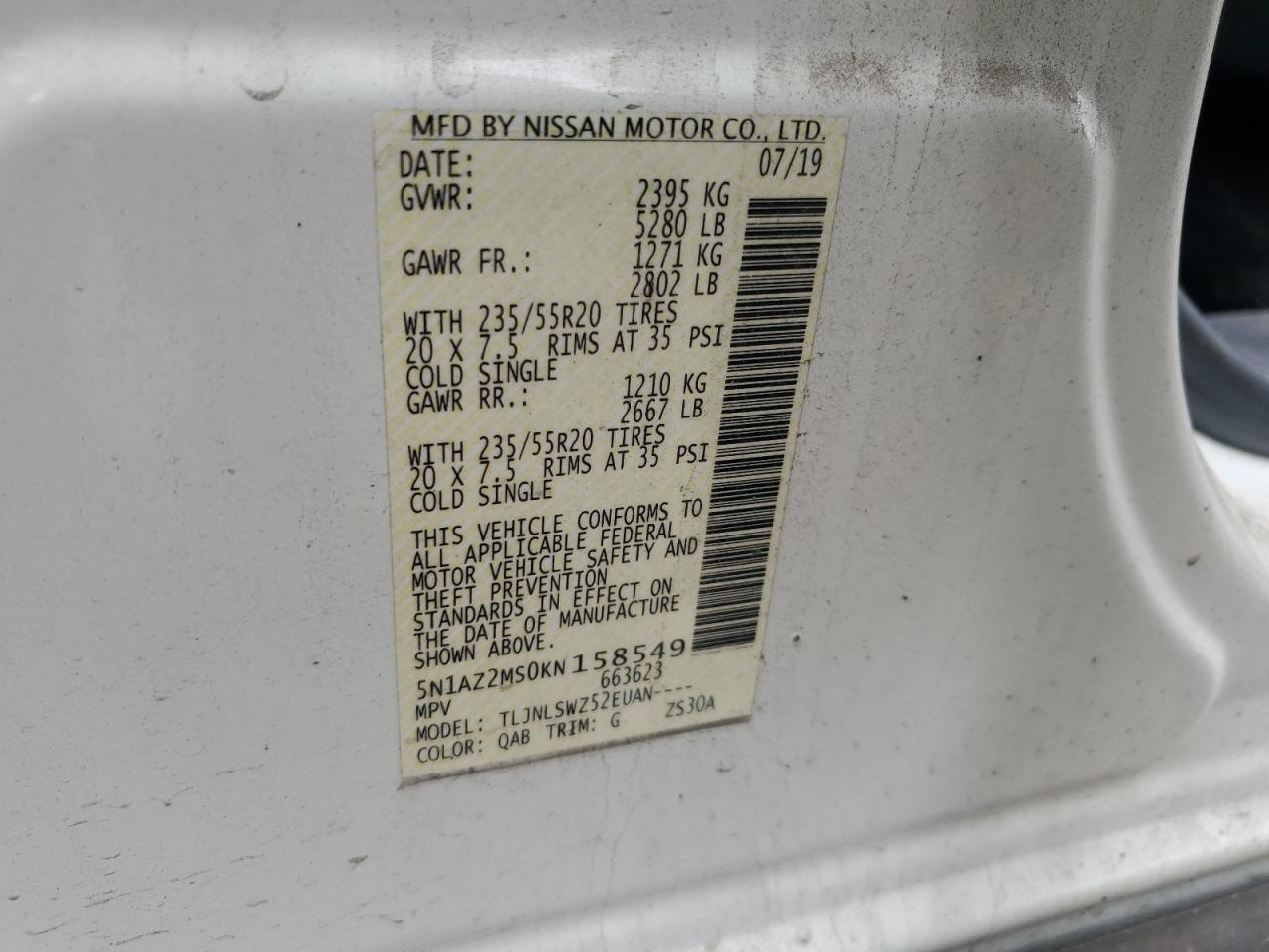 2019 Nissan Murano S VIN: 5N1AZ2MS0KN158549 Lot: 82122315