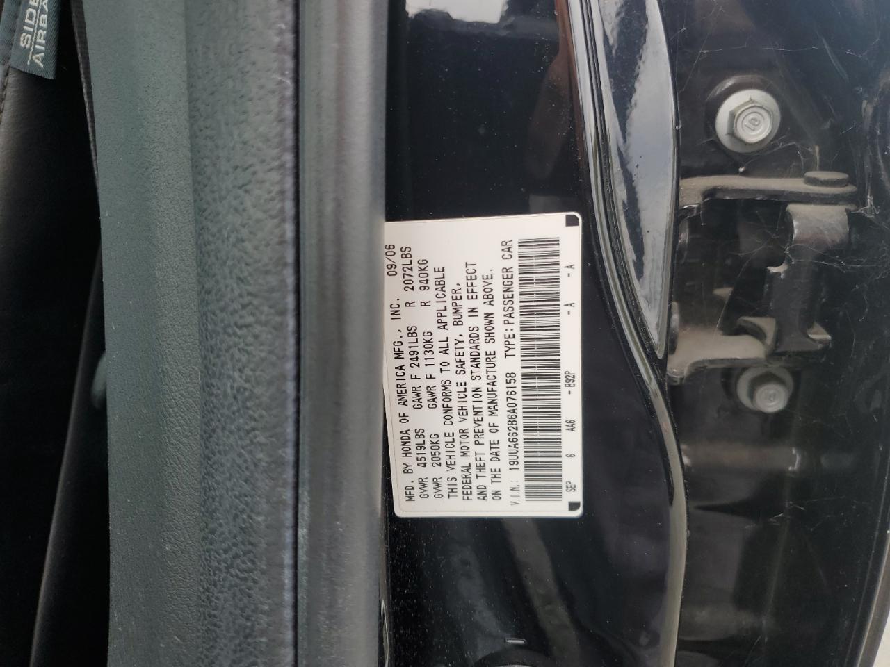 2006 Acura 3.2Tl VIN: 19UUA66286A076158 Lot: 81818195