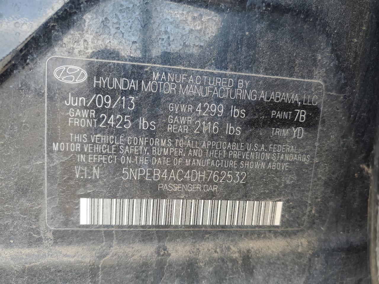 2013 Hyundai Sonata Gls VIN: 5NPEB4AC4DH762532 Lot: 84960865