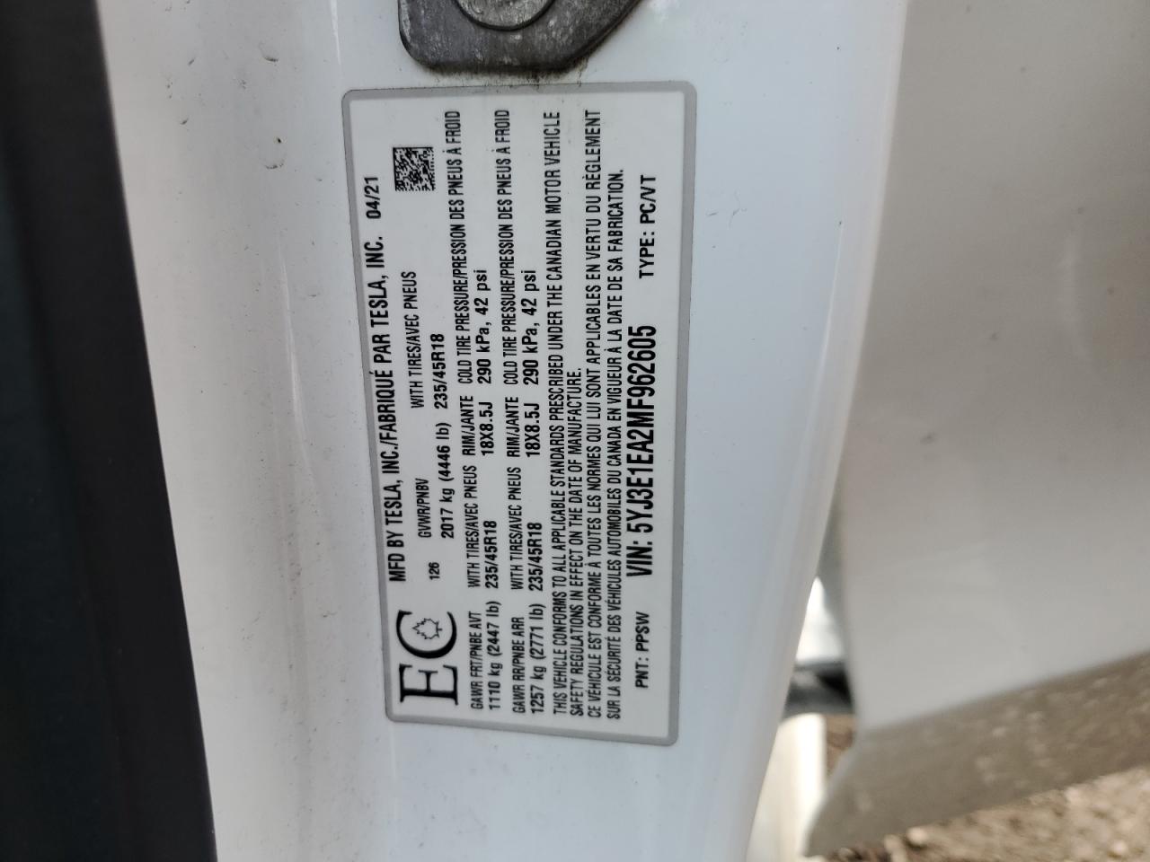 2021 Tesla Model 3 VIN: 5YJ3E1EA2MF962605 Lot: 71655135