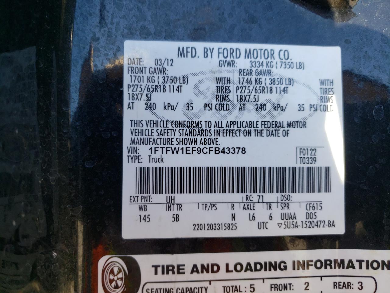 2012 Ford F150 Supercrew VIN: 1FTFW1EF9CFB43378 Lot: 71721735