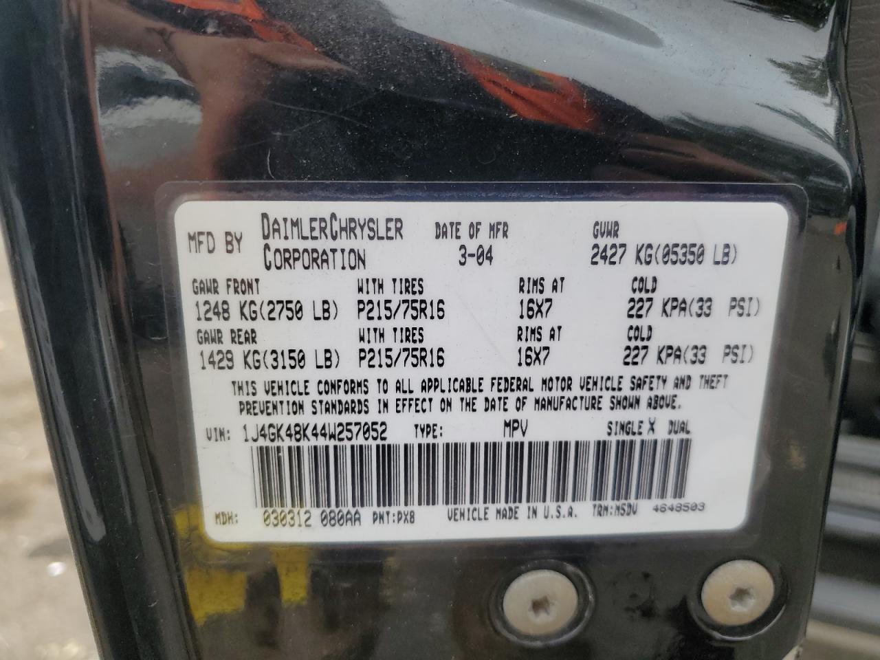 2004 Jeep Liberty Sport VIN: 1J4GK48K44W257052 Lot: 71272575