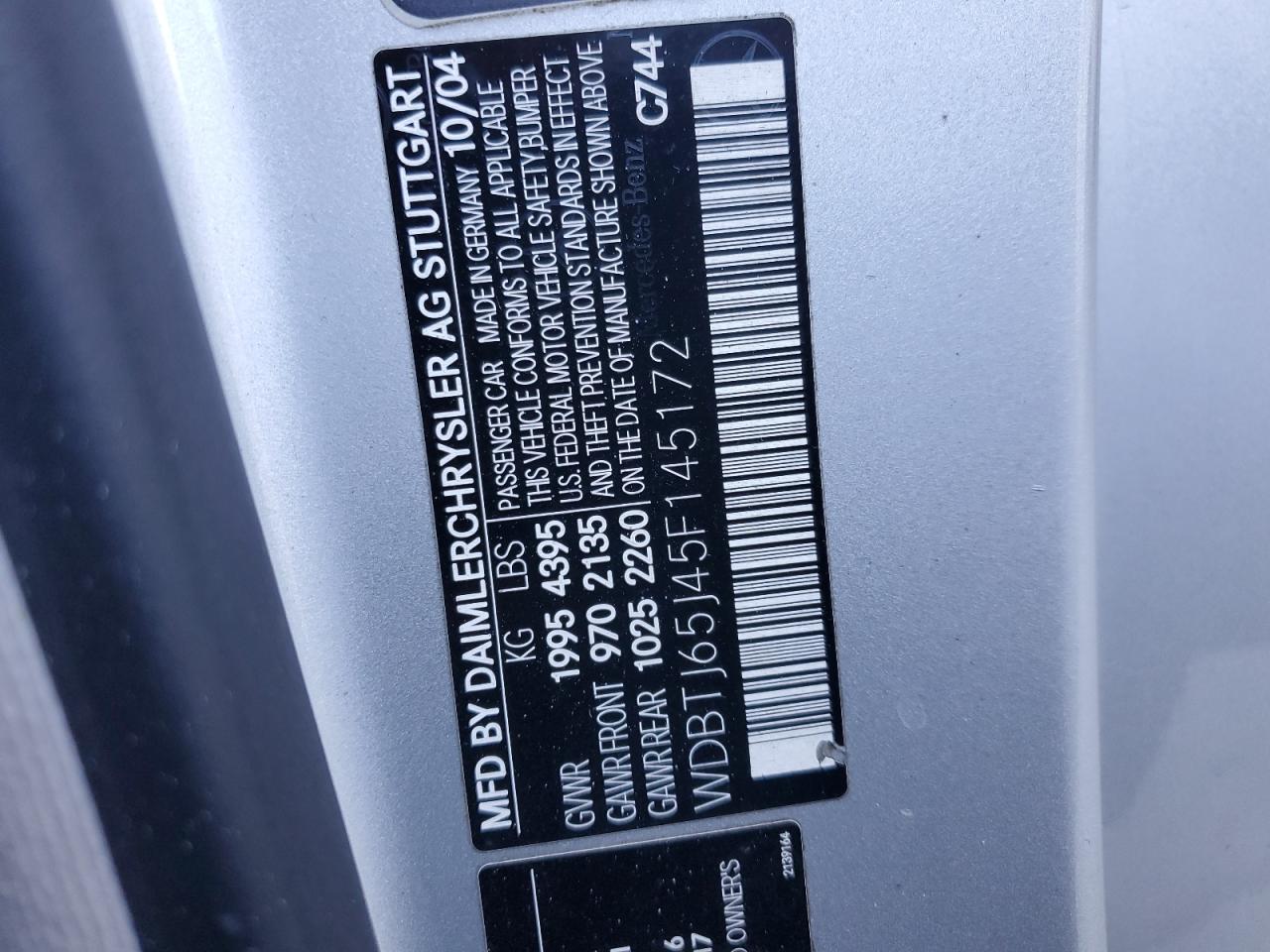 2005 Mercedes-Benz Clk 320C VIN: WDBTJ65J45F145172 Lot: 70734445