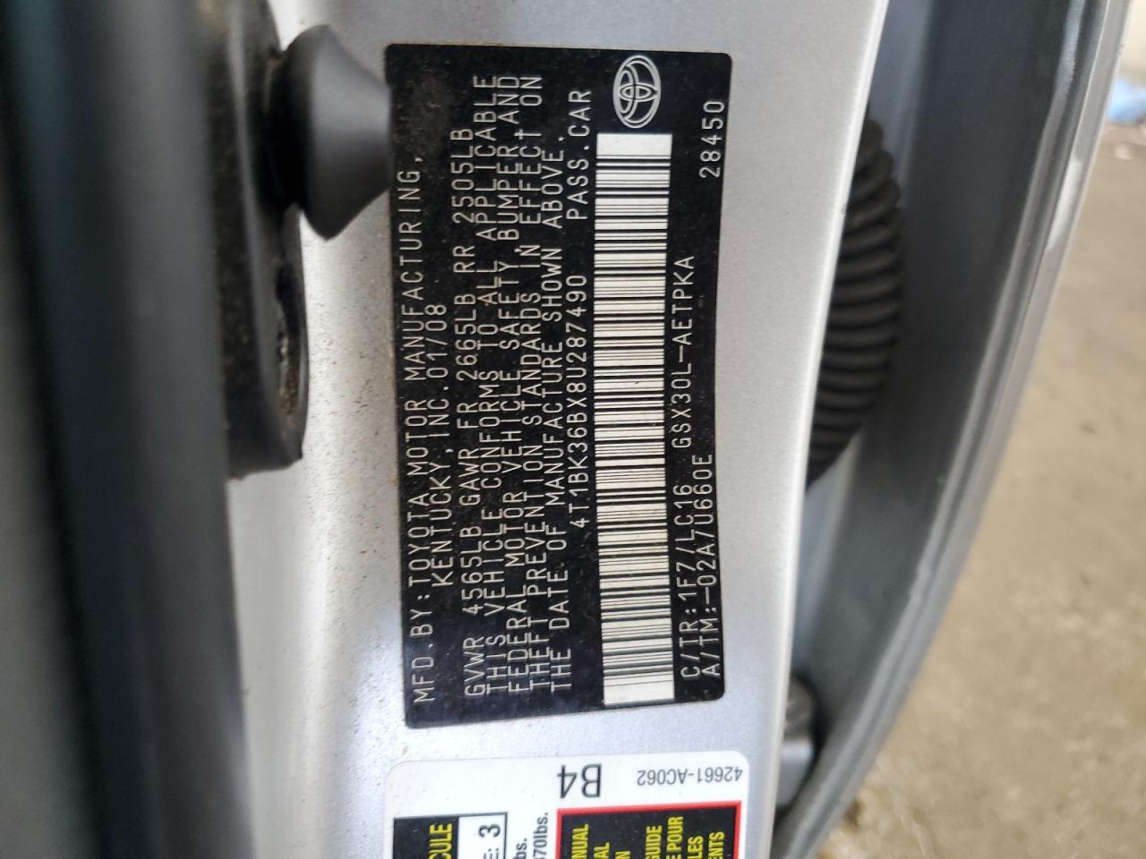 2008 Toyota Avalon Xl VIN: 4T1BK36BX8U287490 Lot: 83782555