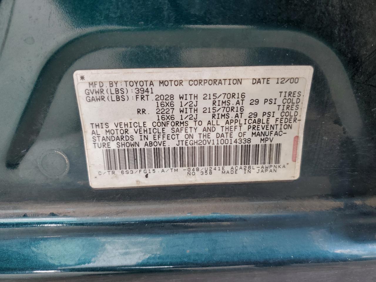 2001 Toyota Rav4 VIN: JTEGH20V110014338 Lot: 80160075