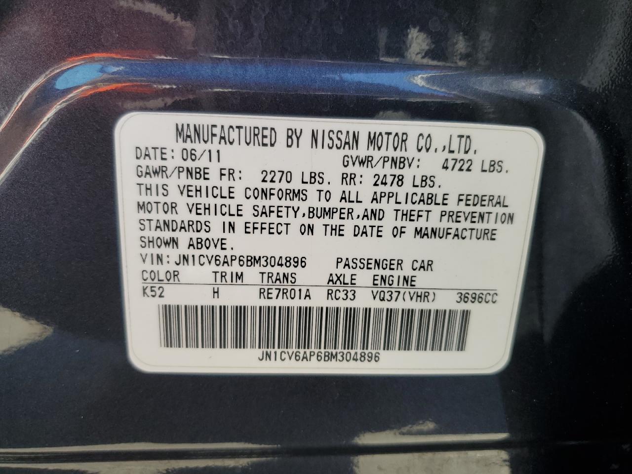 2011 Infiniti G37 Base VIN: JN1CV6AP6BM304896 Lot: 80899445