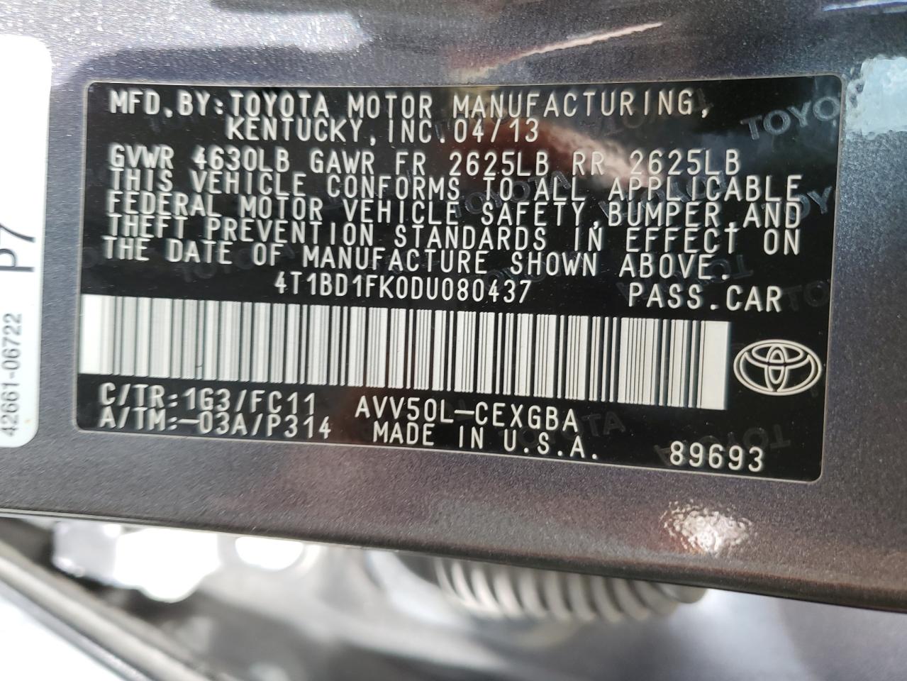 2013 Toyota Camry Hybrid VIN: 4T1BD1FK0DU080437 Lot: 71326805