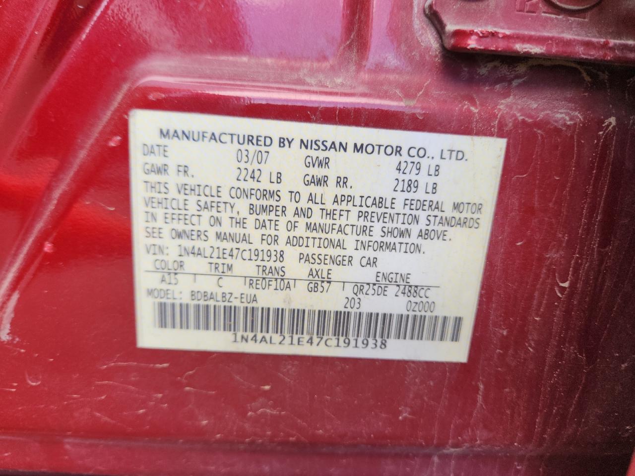 2007 Nissan Altima 2.5 VIN: 1N4AL21E47C191938 Lot: 80146675