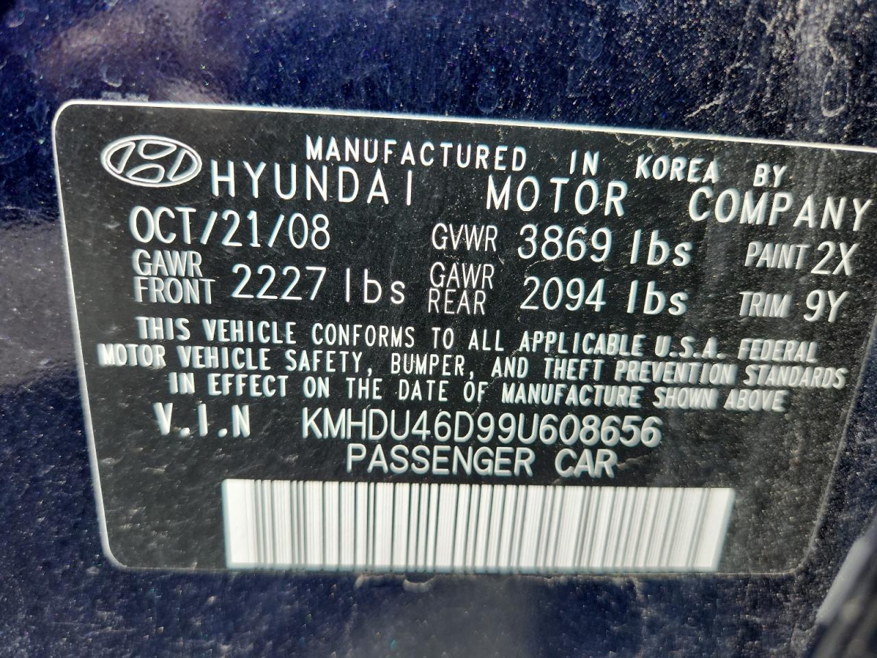 2009 Hyundai Elantra Gls VIN: KMHDU46D99U608656 Lot: 71924815