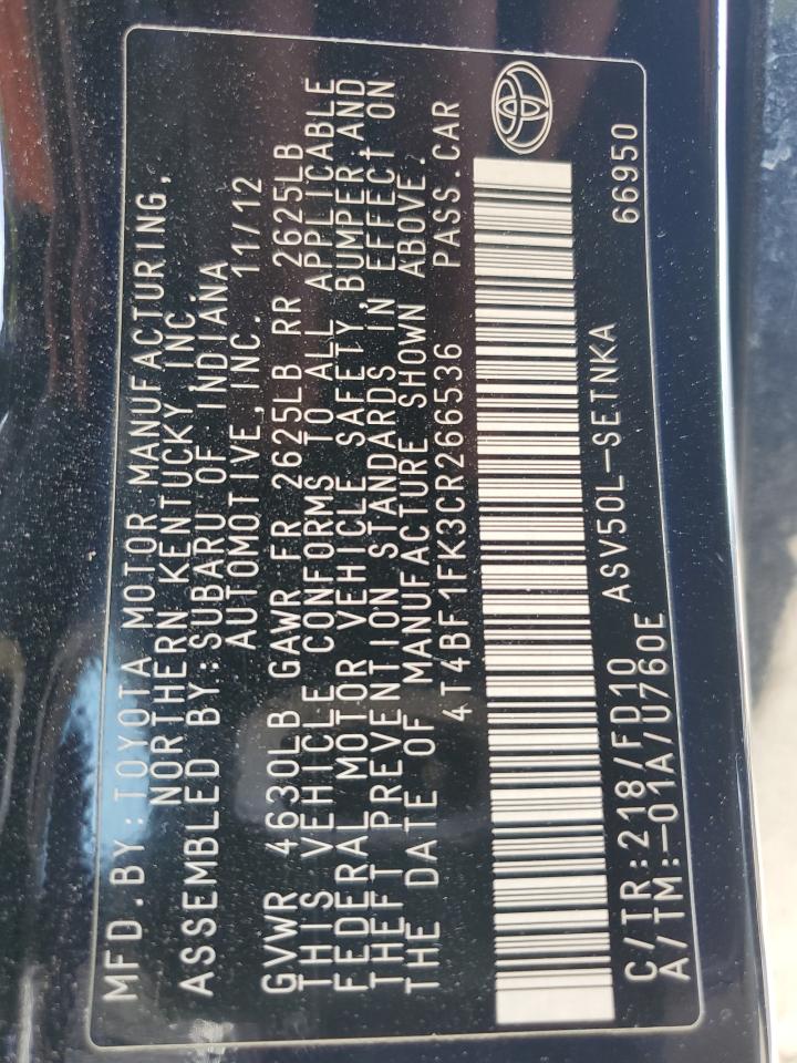 2012 Toyota Camry Base VIN: 4T4BF1FK3CR266536 Lot: 81951805