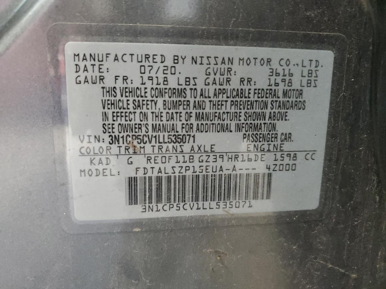 2020 Nissan Kicks Sv VIN: 3N1CP5CV1LL535071 Lot: 72048975