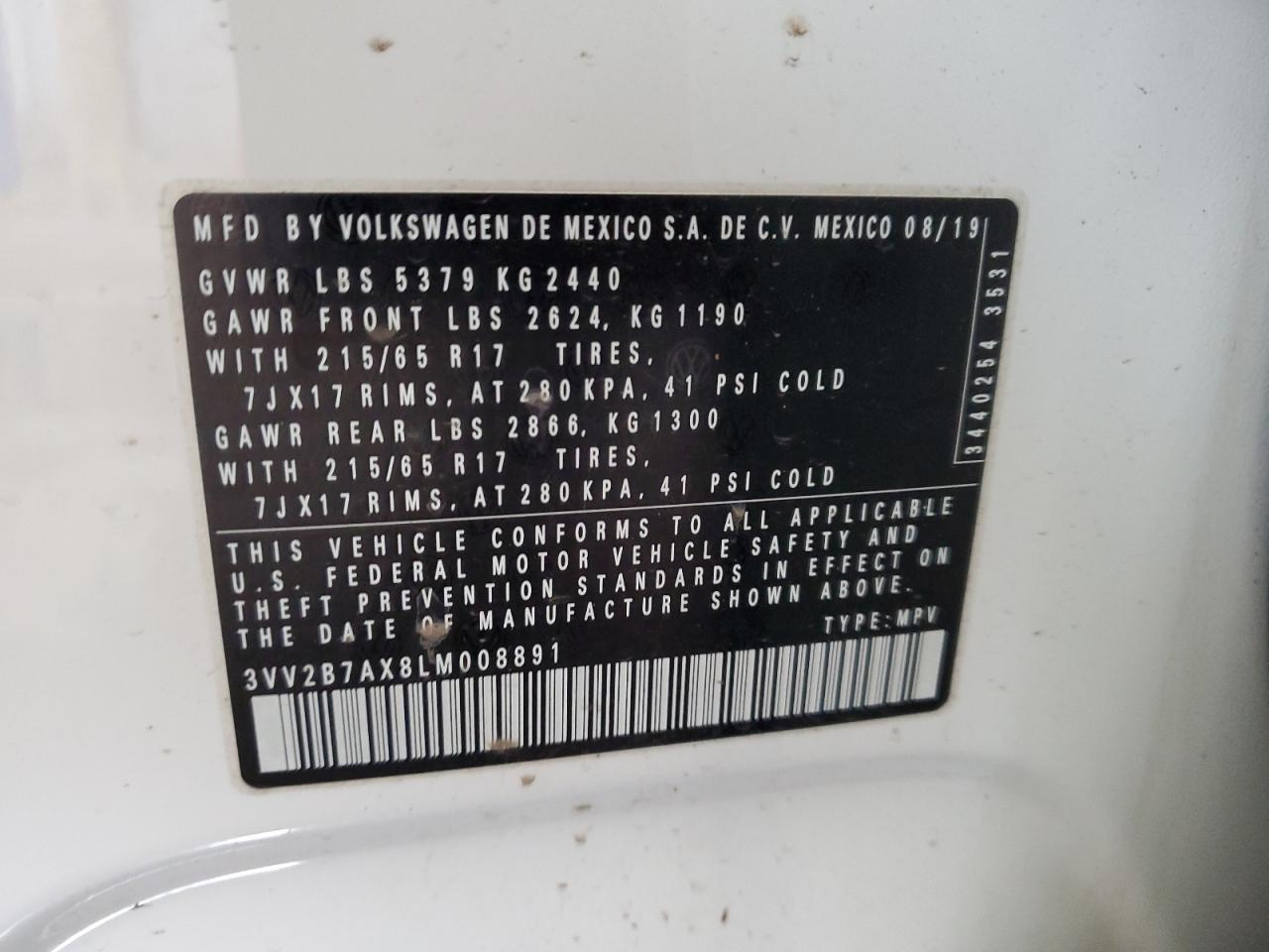 2020 Volkswagen Tiguan Se VIN: 3VV2B7AX8LM008891 Lot: 80640185