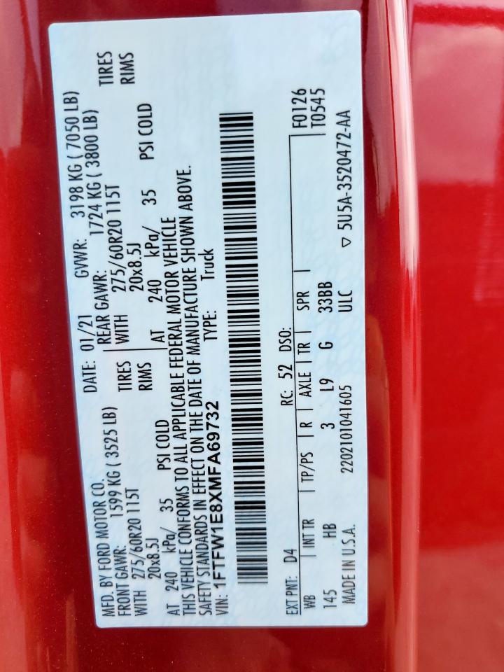 2021 Ford F150 Supercrew VIN: 1FTFW1E8XMFA69732 Lot: 81477675