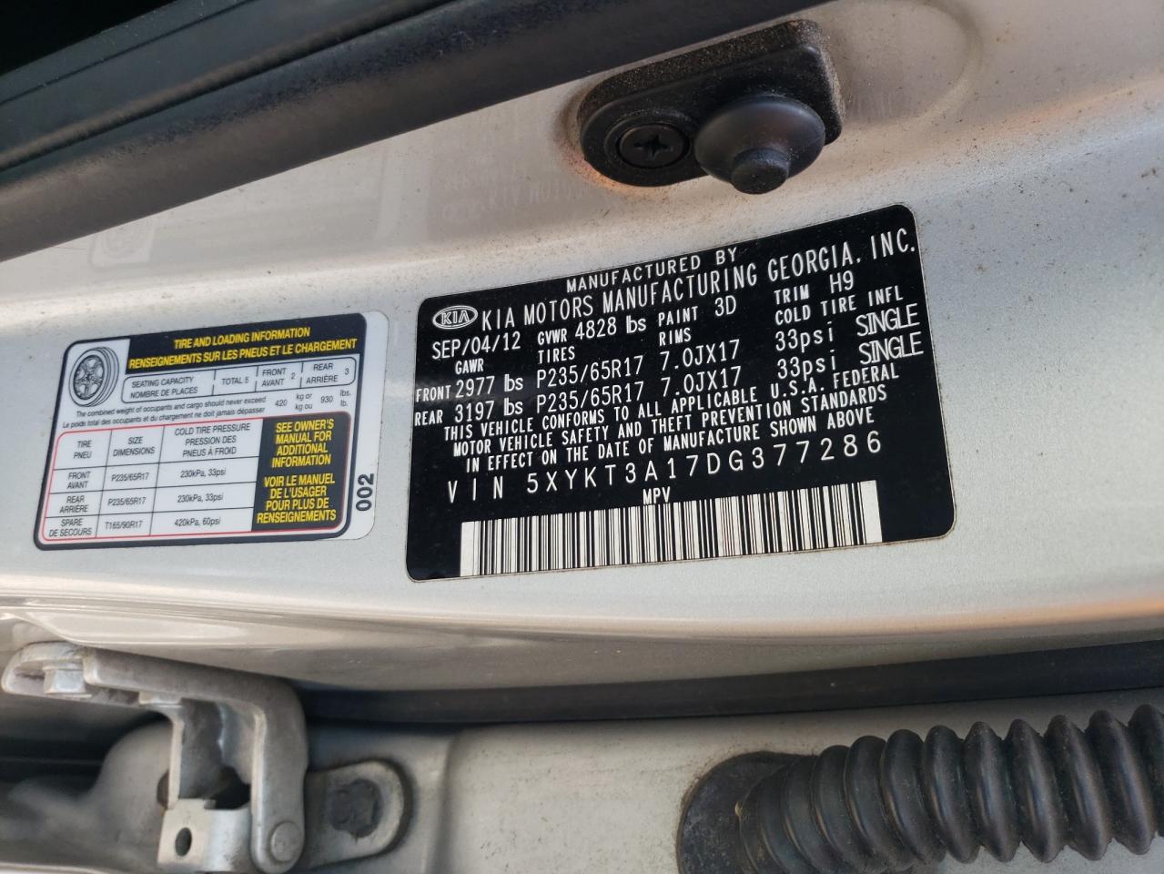 2013 Kia Sorento Lx VIN: 5XYKT3A17DG377286 Lot: 71788605